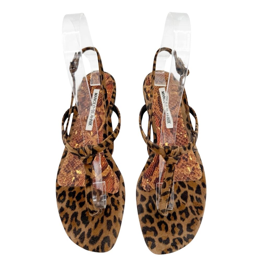 Manolo Blahnik Hata Thong Slingback Flat Sandals in Suede Leopard EU 37 US 7 - Picture 2 of 12